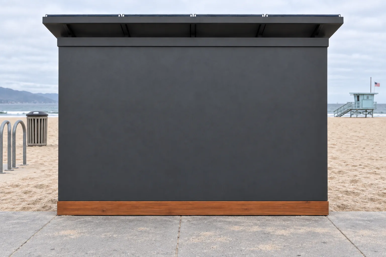 Concept render: the same wall in plain charcoal steel, a blank canvas waiting for its artist