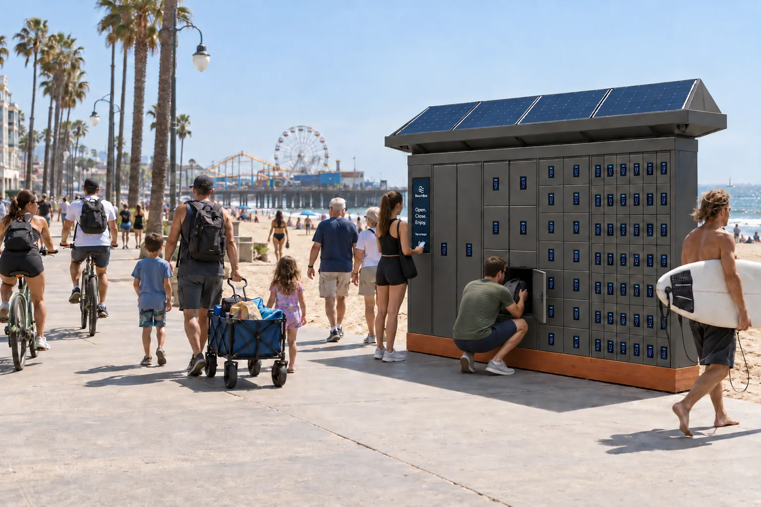 Concept render: the same BeachBox unit on the boardwalk in plain charcoal steel, no mural yet