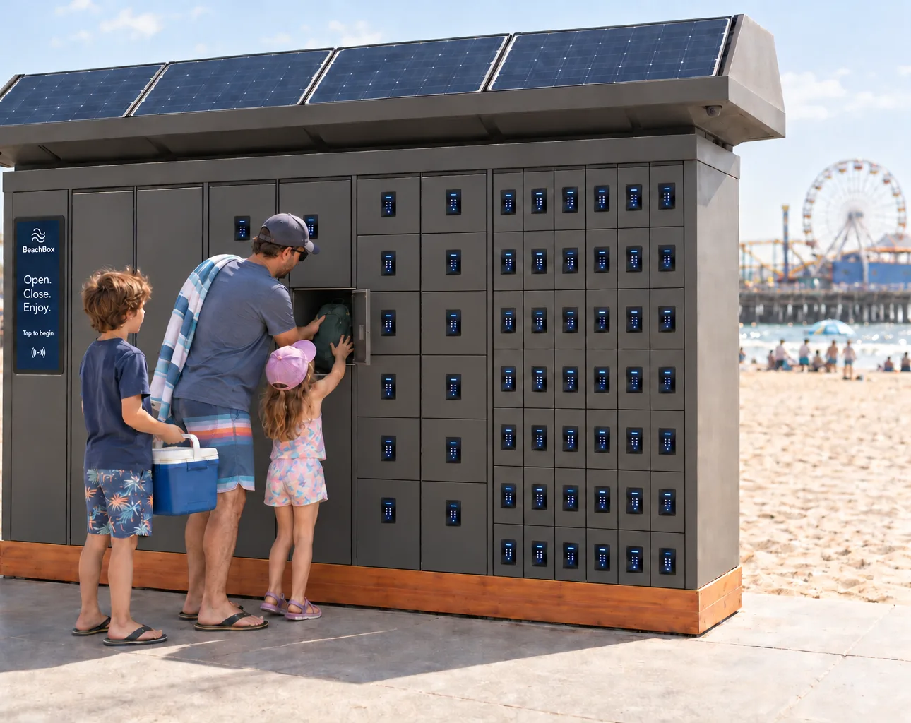 Concept render: the same family at the open door of a plain charcoal steel BeachBox, no mural yet