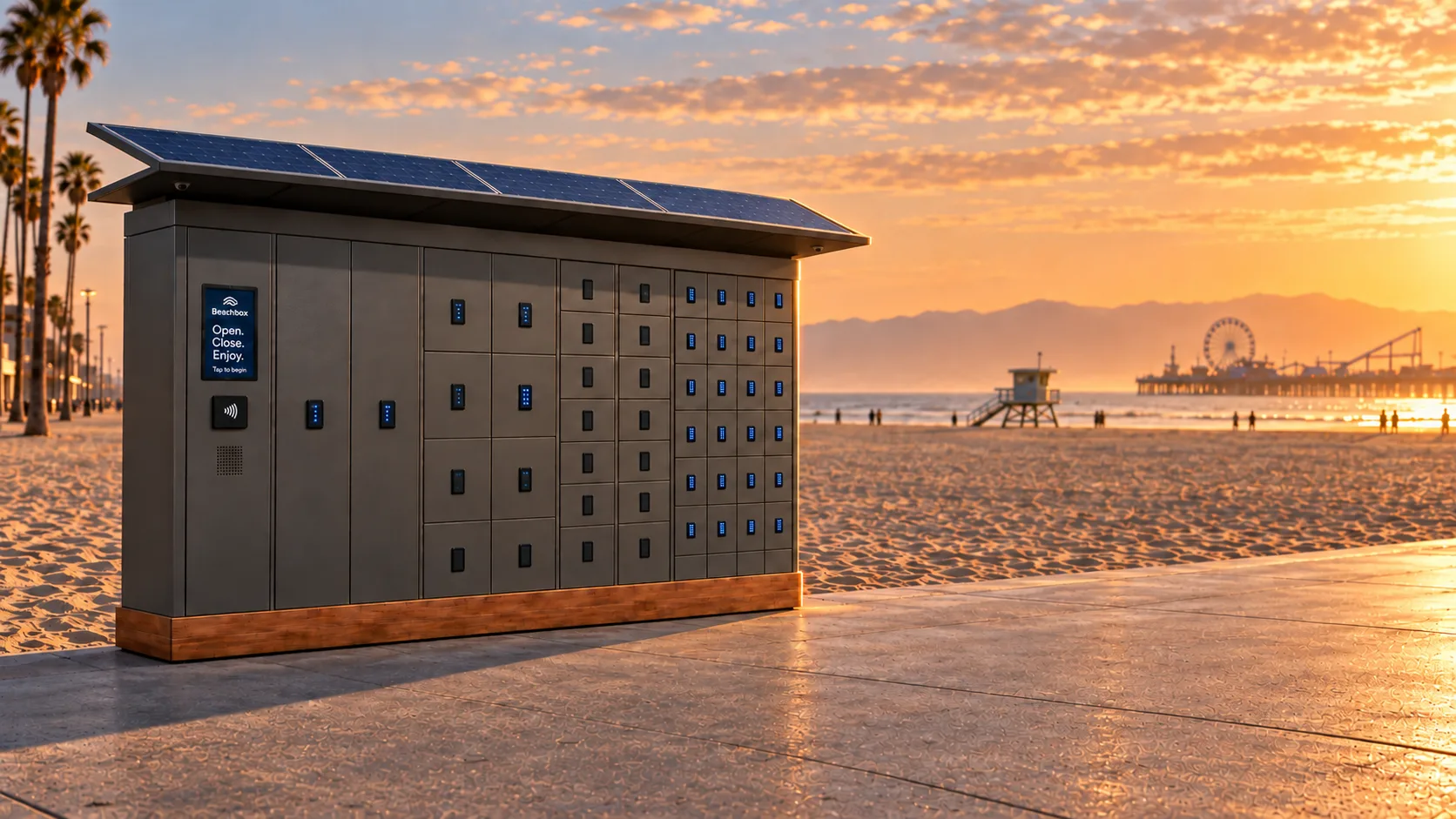 Concept render at sunset: the same unit in plain charcoal steel, unpainted