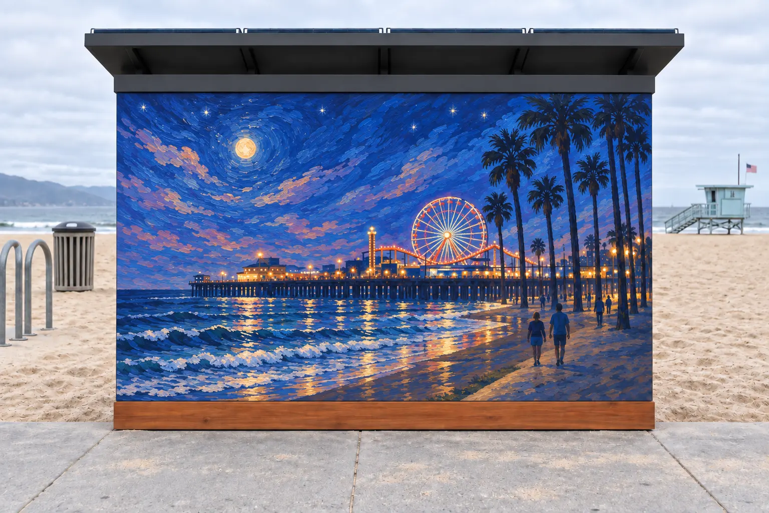 Concept render: the same wall painted edge to edge with a moonlit pier, its ferris wheel and palms in thick brushstrokes