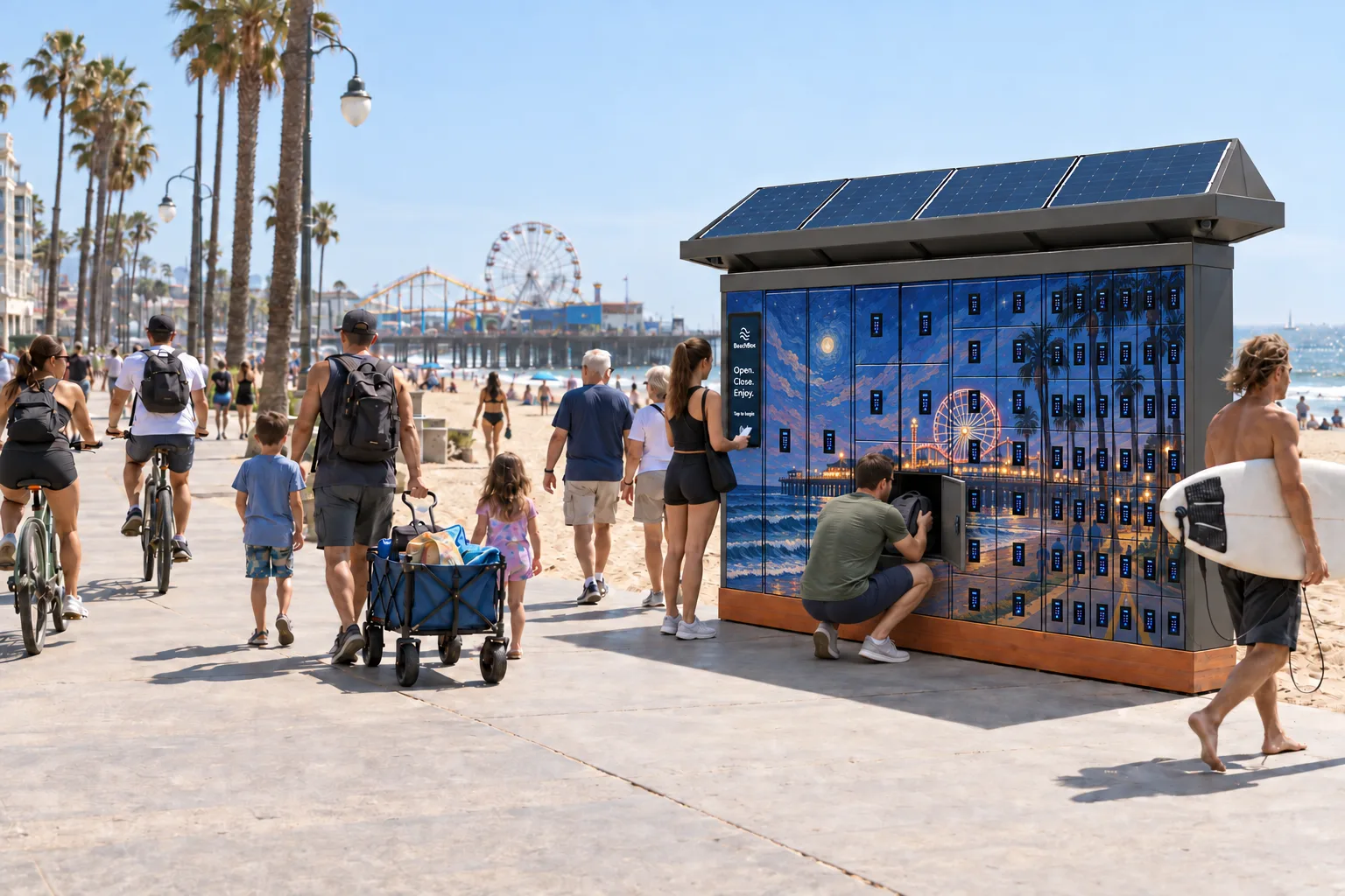 Concept render: the same BeachBox unit on the boardwalk, its lockers painted with a night scene of the pier and its ferris wheel lit under a full moon