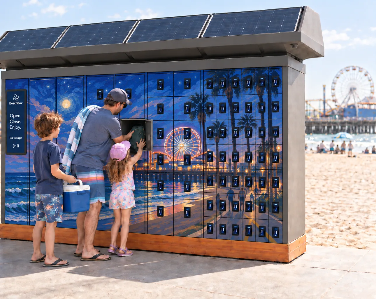 Concept render: the same family at the open door, the lockers painted with a moonlit night scene of the pier and palms