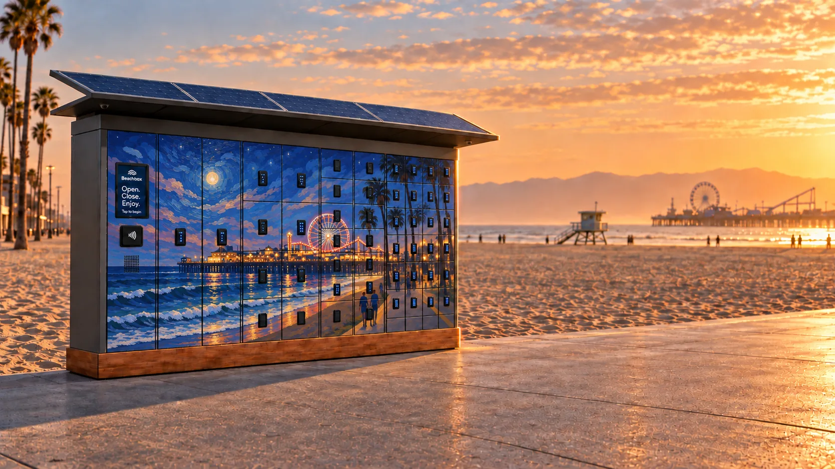 Concept render at sunset: the same unit, its lockers painted with a night scene of the lit pier under a full moon