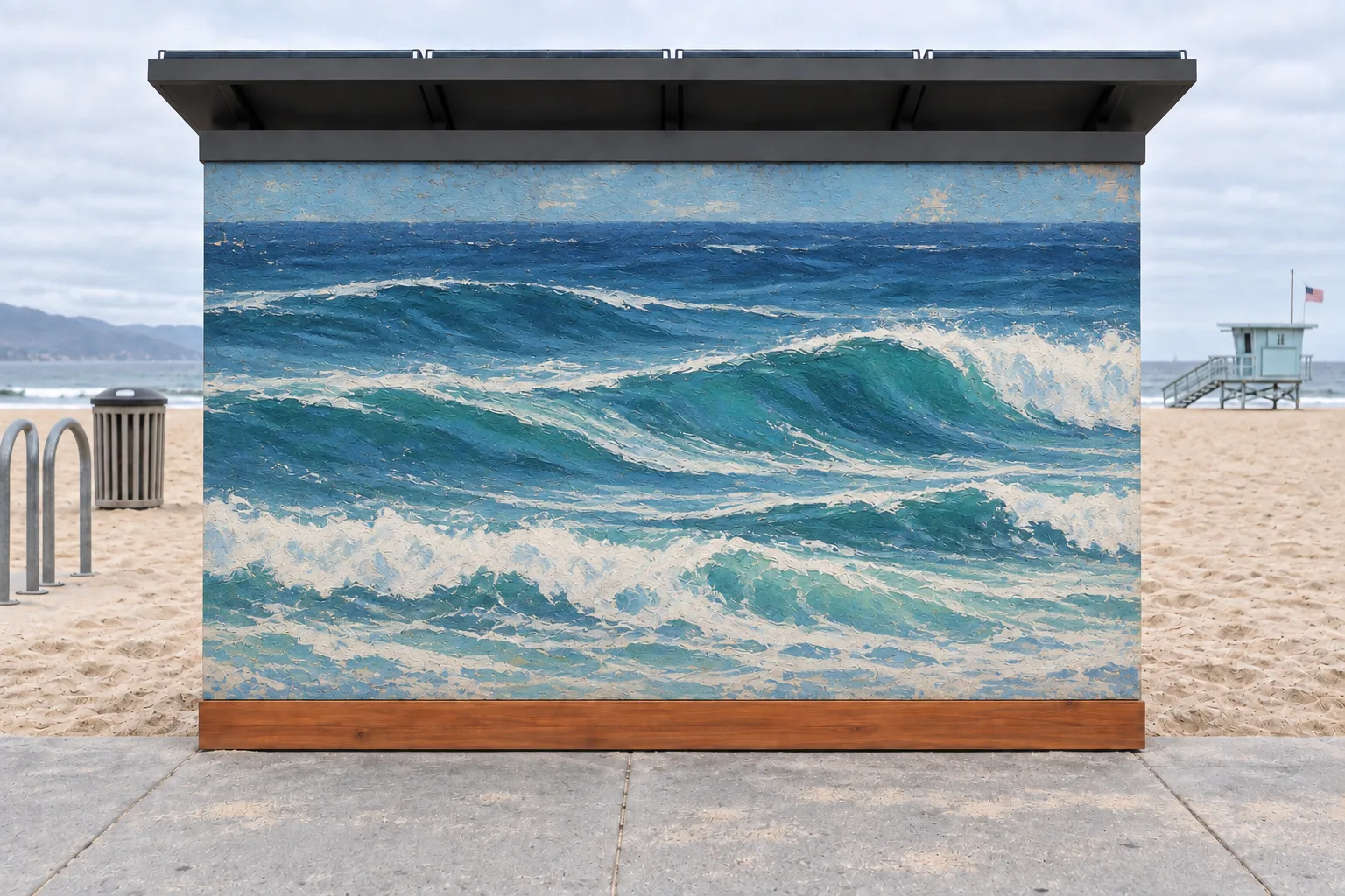 Concept render: the biggest wall of a BeachBox on the sand, painted edge to edge with rolling turquoise waves, a lifeguard tower behind
