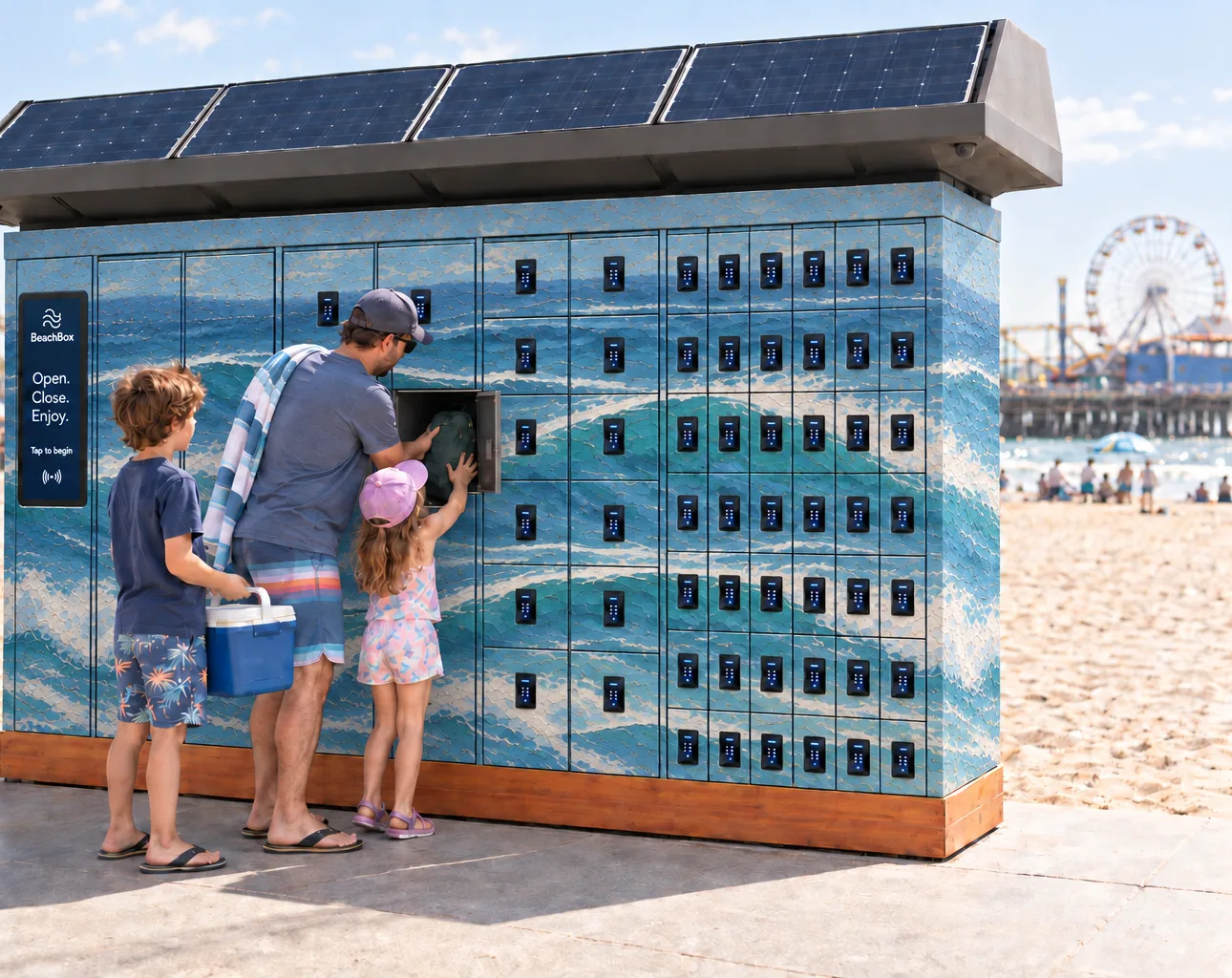 Concept render: a dad and two kids at an open BeachBox door on the boardwalk, cooler and towel in hand, the lockers painted with a turquoise wave mural, the pier's ferris wheel behind