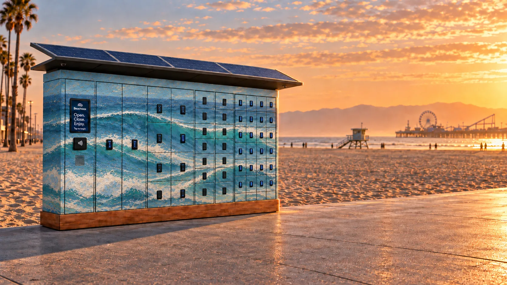 Concept render at sunset: a BeachBox unit on the boardwalk with the pier behind, its lockers painted with a turquoise wave mural