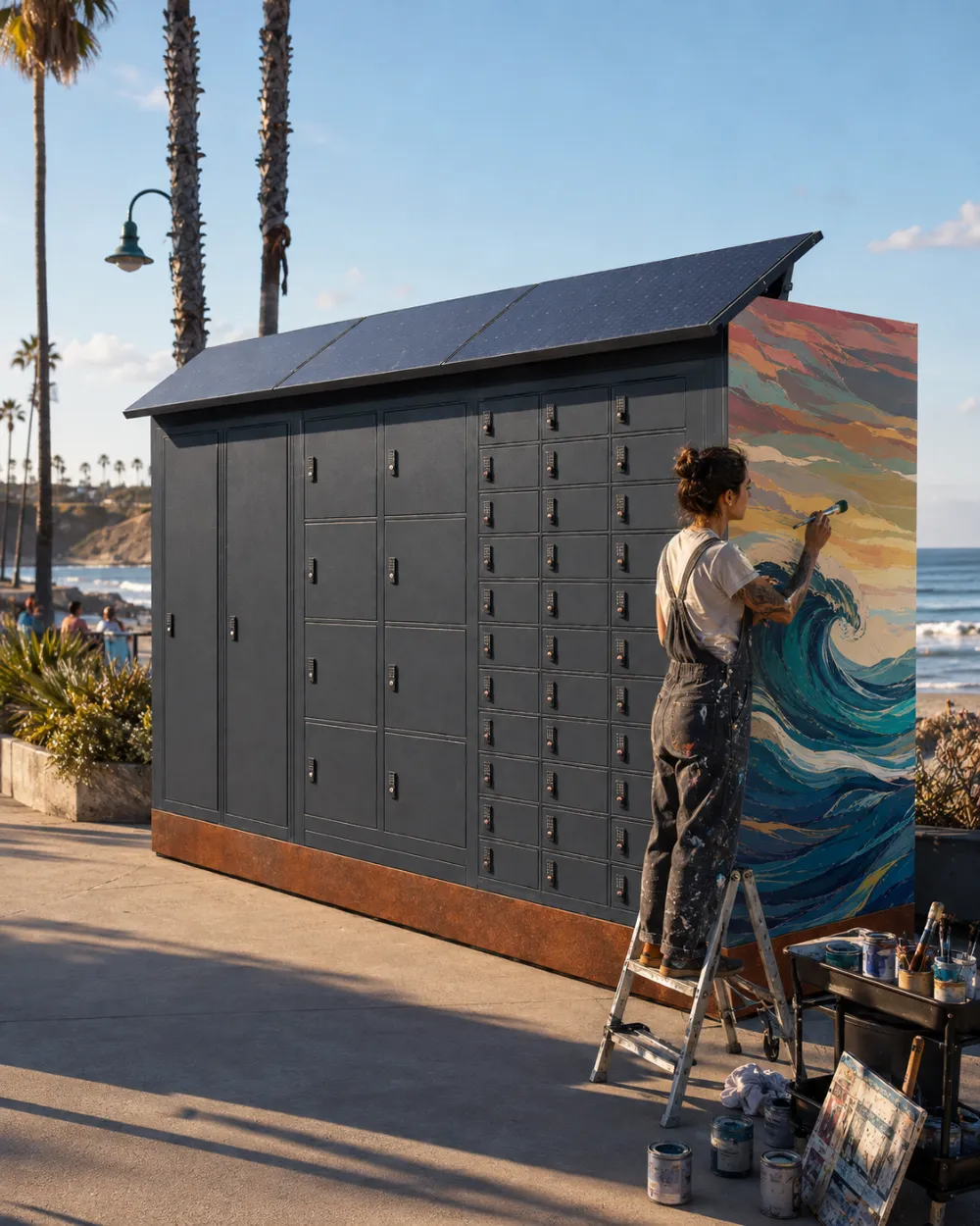 Concept visualization: a muralist in paint-spattered overalls stands on a ladder painting a cresting wave across the side wall of a BeachBox, paint cart beside her, ocean behind