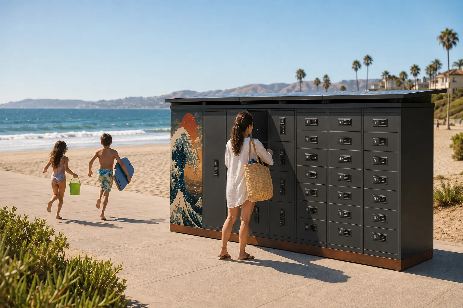 Concept visualization: a parent at an open BeachBox door on the beach path while two kids run ahead toward the water with a bucket and bodyboard