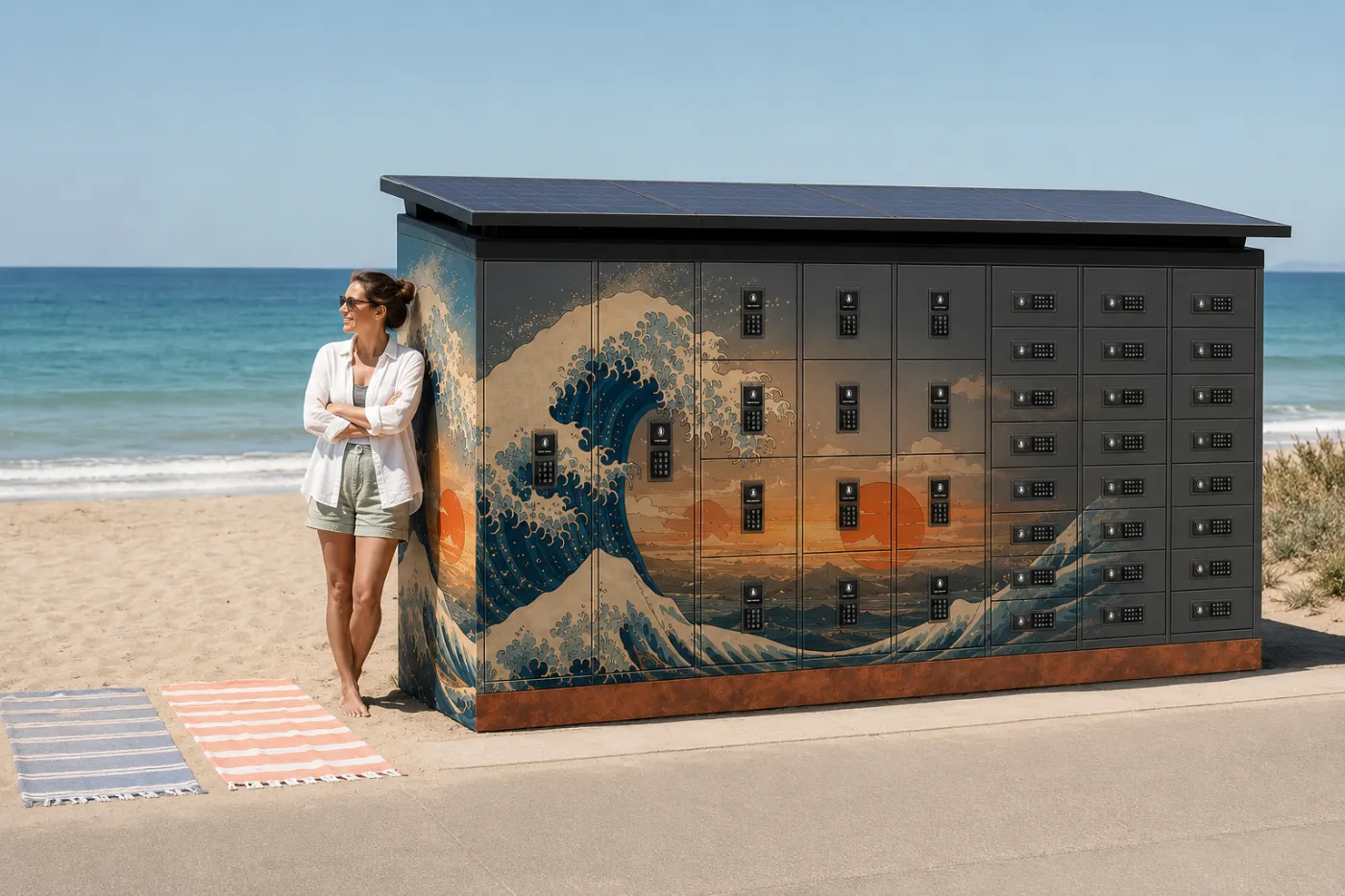 Concept visualization: the BeachBox unit on the sand with two beach towels laid flat beside it matching its footprint, one person leaning on it for scale