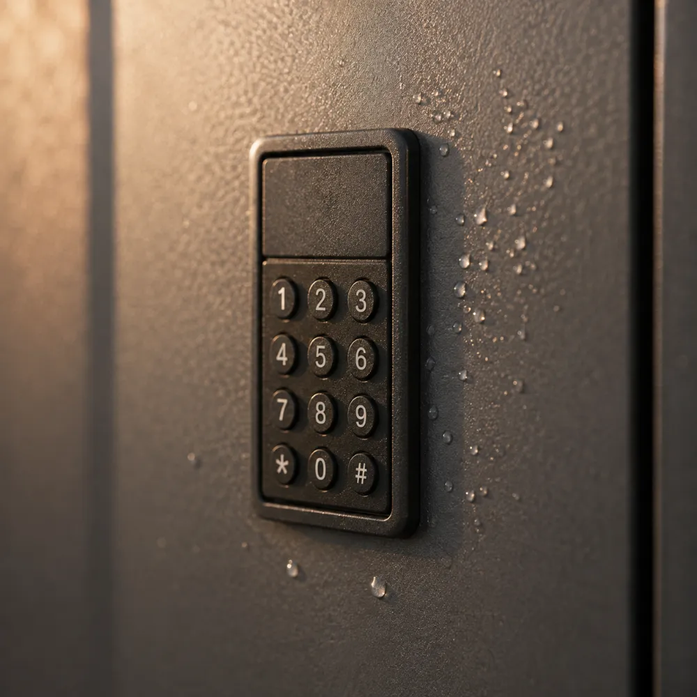 Concept visualization macro: a locker keypad with water droplets beading on the powder-coated steel around it
