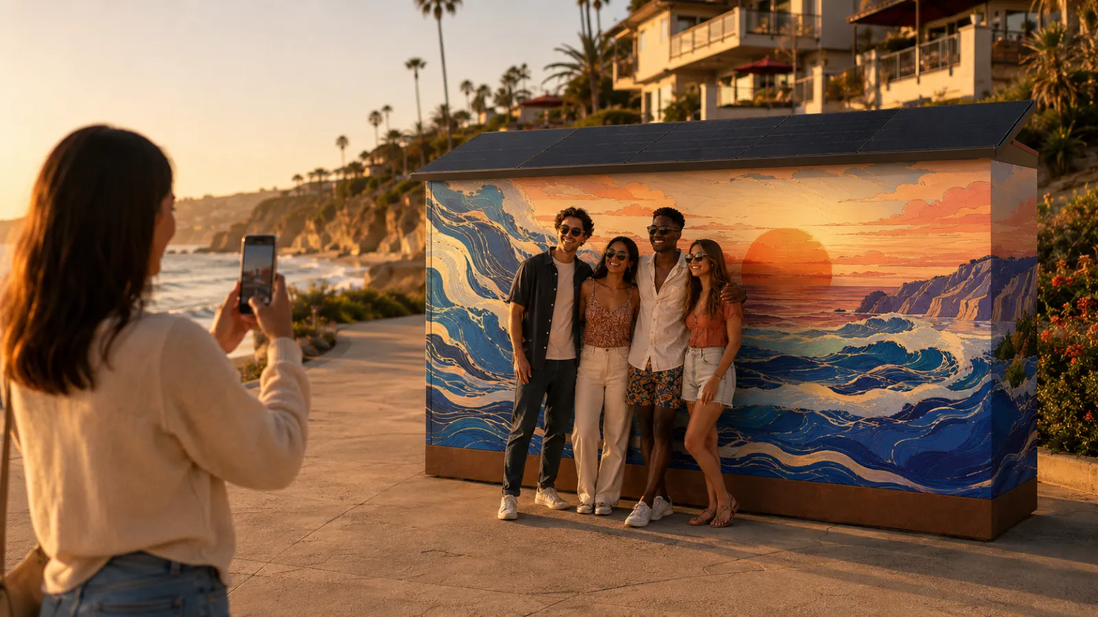 Concept visualization at golden hour: four friends pose for a photo against the biggest wall of a BeachBox, painted edge to edge with a sunset wave mural, Laguna cliffs behind