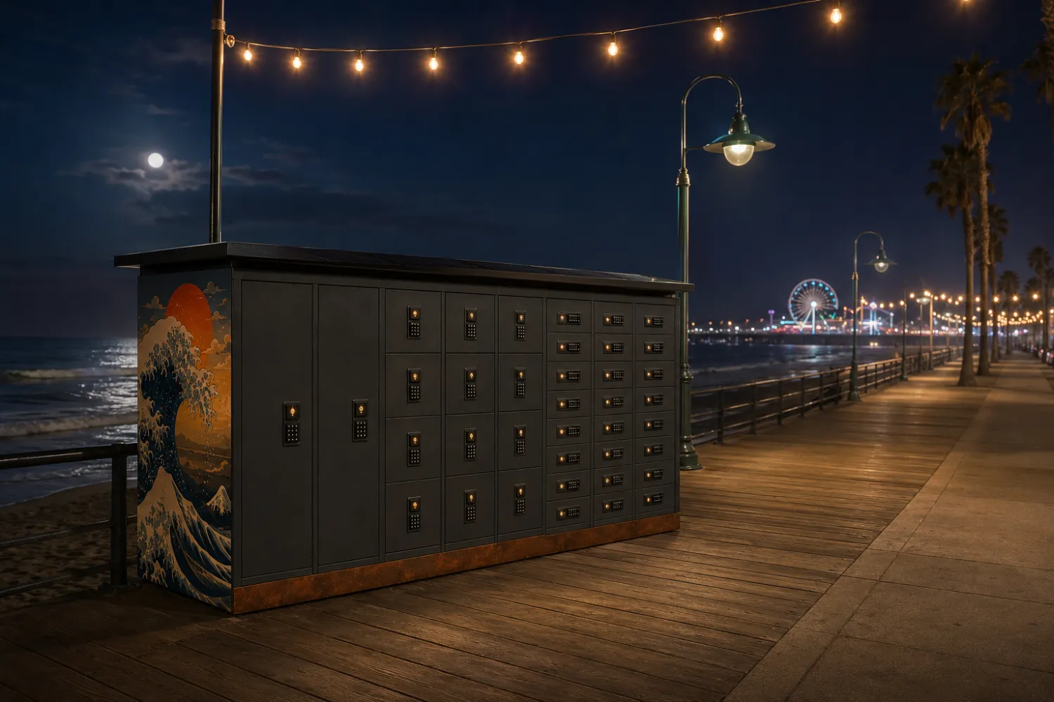 Concept visualization at night: the BeachBox under string lights on a boardwalk, keypads glowing amber, moon over the water and pier lights in the distance